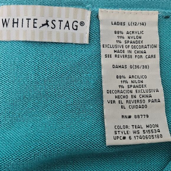 White Stag Cardigan Sweater Womens Large Teal Floral Button Front Knit Cottage - Picture 4 of 6